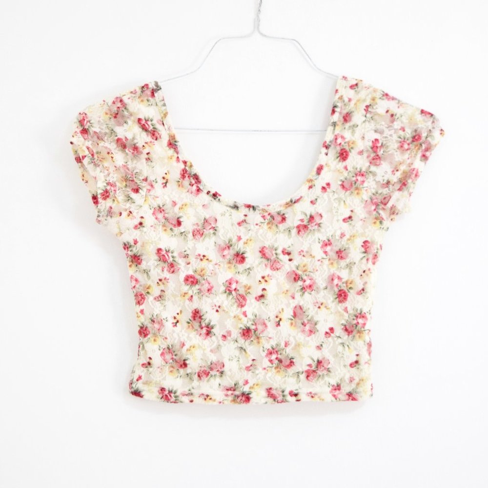 Cream Stretchy Floral Lace Twist Bow Cutout Crop Top | Size S